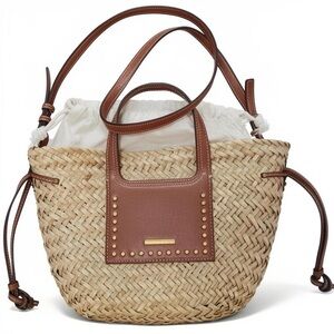 House of Harlow Woven Straw Tote with Brown Leather Trim and Drawstring